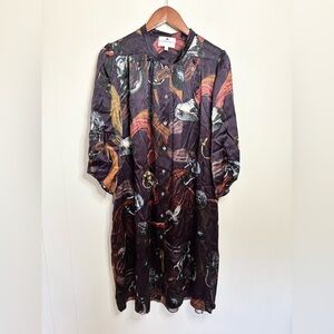 Klements colorful silk long sleeve midi shirt dress size L